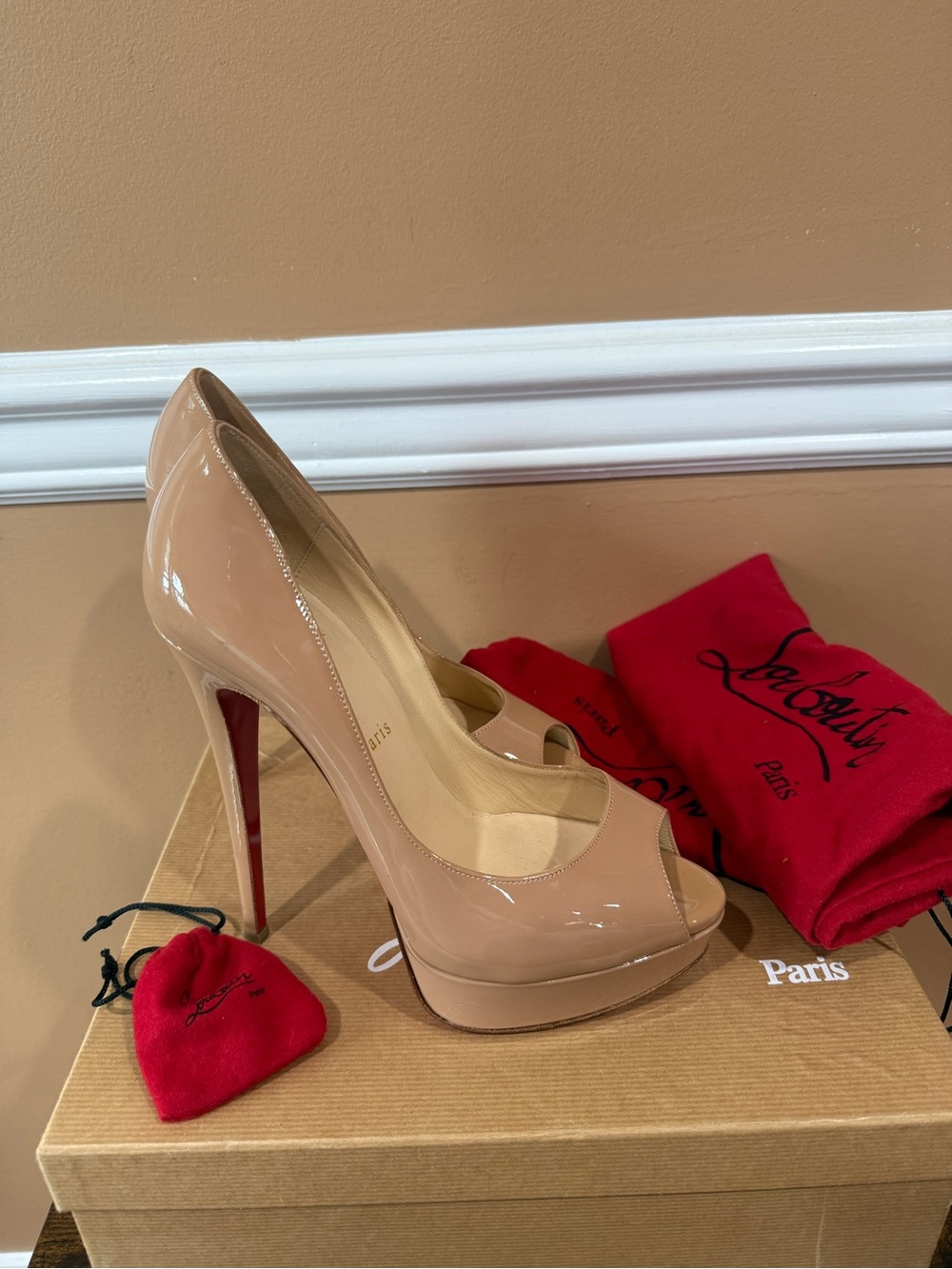 Christian Louboutin Nude Patent Peep-Toe Pumps with Red Soles